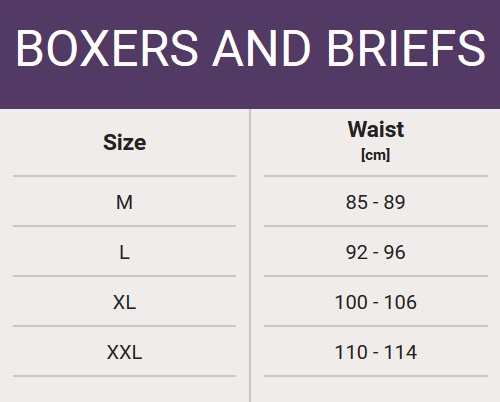 Size chart - bocers and briefs