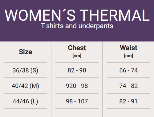 Size chart - woman's thermal clothes